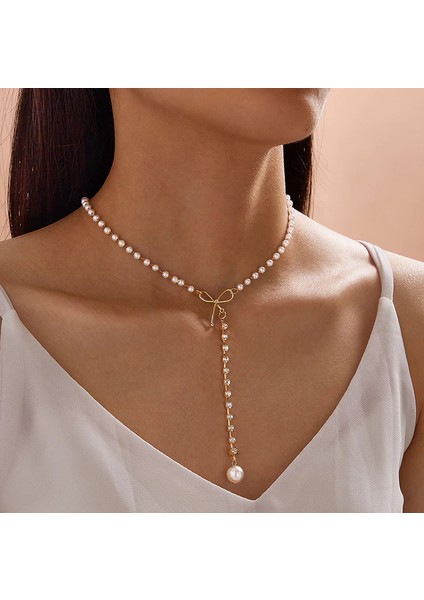 Beyaz Taşlı ımitasyon Inci Kore Tasarım Kolye