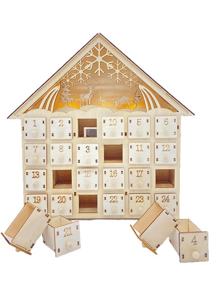 Noel Ahşap Advent Takvim Evi Işık Yukarı Geri Sayım Takvim Hediye