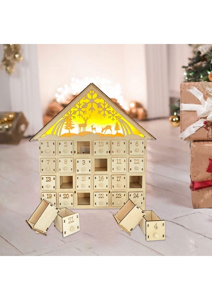Noel Ahşap Advent Takvim Evi Işık Yukarı Geri Sayım Takvim Hediye