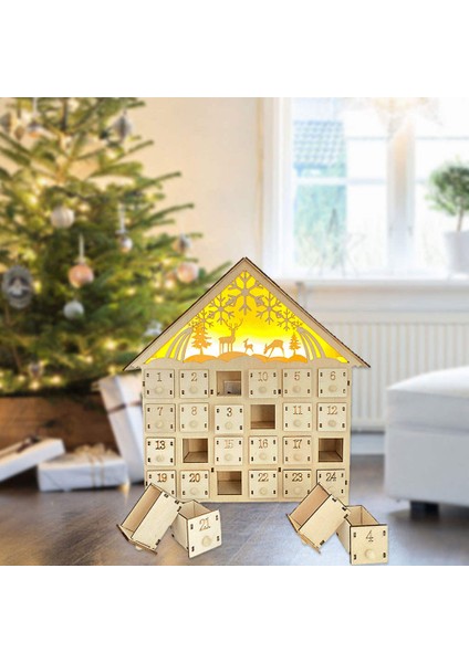 Noel Ahşap Advent Takvim Evi Işık Yukarı Geri Sayım Takvim Hediye