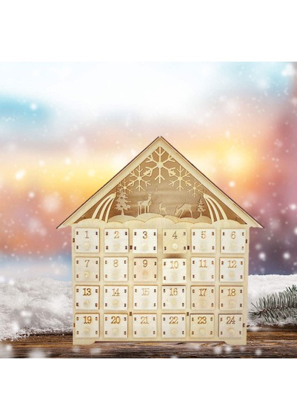 Noel Ahşap Advent Takvim Evi Işık Yukarı Geri Sayım Takvim Hediye
