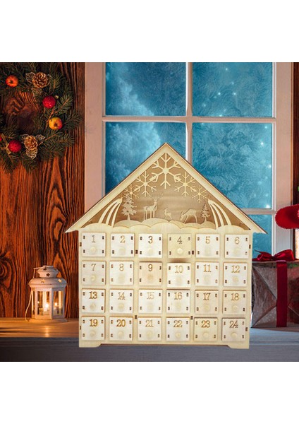 Noel Ahşap Advent Takvim Evi Işık Yukarı Geri Sayım Takvim Hediye