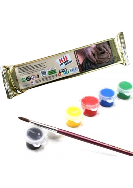 1000 Gram Kil Hamuru + 6 Lı Boya + Fırça - Seramik Hamuru - Kahverengi - Doğal Kil Hamuru