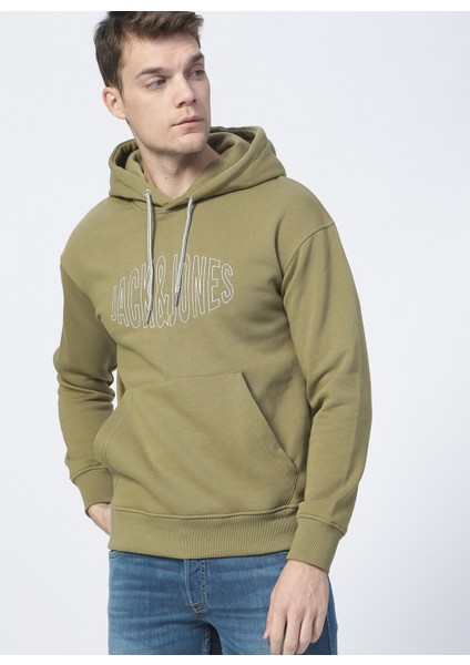 12194082_JORWORLD Sweat Hood Sn Kapüşonlu Uzun Kollu Relaxed Baskılı Haki Erkek Sweatshirt