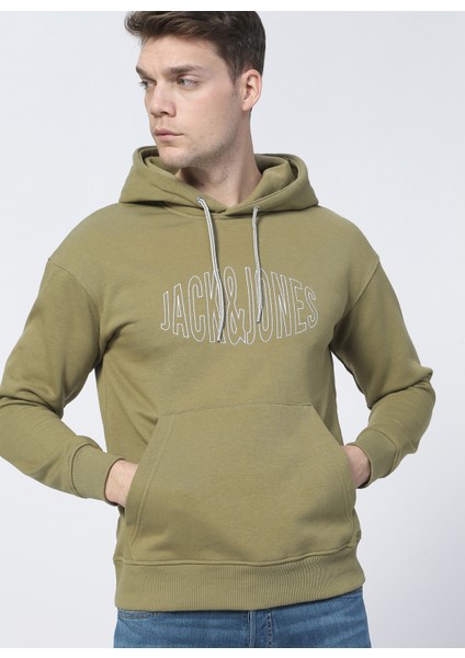 12194082_JORWORLD Sweat Hood Sn Kapüşonlu Uzun Kollu Relaxed Baskılı Haki Erkek Sweatshirt