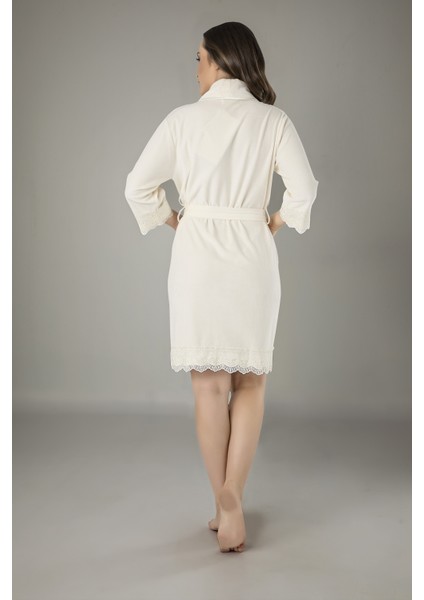 Krem Dantelli Bambo Cotton Kadife Bayan Sabahlık