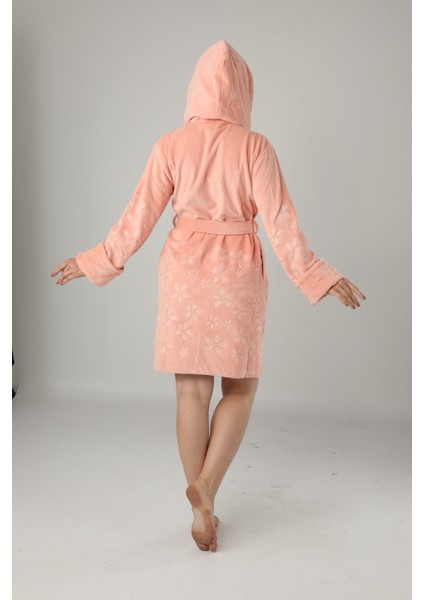 Pudra Eteği Çiçekli Bambu Bayan Bornozu