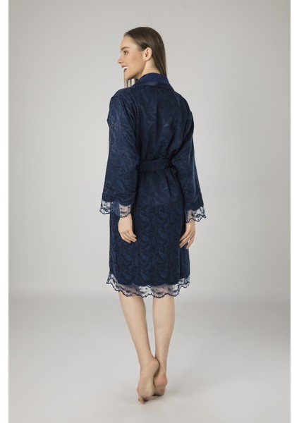 Lacivert Saten Bukle Bambu Cotton Bayan Bornozu