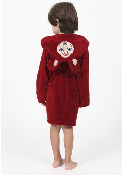 Kulaklı Nakışlı Bordo Bambu Cotton Çocuk Bornozu