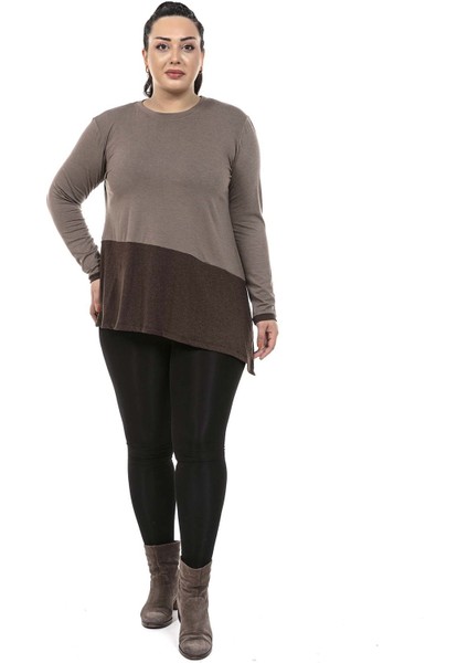 Büyük Beden Asimetrik Kesim Tek Taraftan Yırtmaç Detaylı Yün Viskon Vizon Kahverengi Bluz