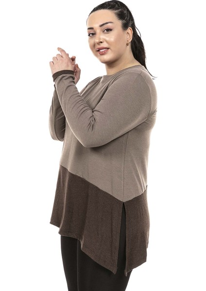 Büyük Beden Asimetrik Kesim Tek Taraftan Yırtmaç Detaylı Yün Viskon Vizon Kahverengi Bluz fiyatları