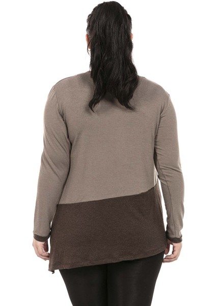 Büyük Beden Asimetrik Kesim Tek Taraftan Yırtmaç Detaylı Yün Viskon Vizon Kahverengi Bluz modelleri