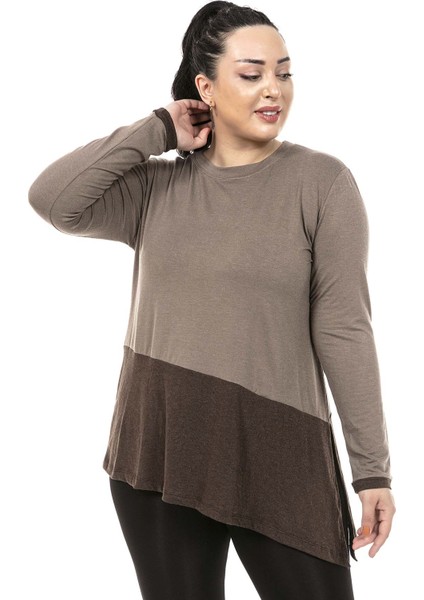 Büyük Beden Asimetrik Kesim Tek Taraftan Yırtmaç Detaylı Yün Viskon Vizon Kahverengi Bluz fırsatları