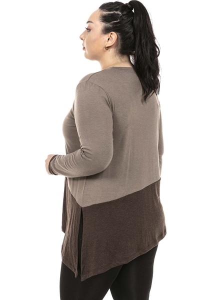 Büyük Beden Asimetrik Kesim Tek Taraftan Yırtmaç Detaylı Yün Viskon Vizon Kahverengi Bluz indirimleri