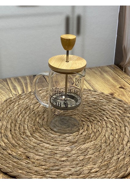 French Press Cam Çay Kahve Bitki Demliği 350 ml. Bambu