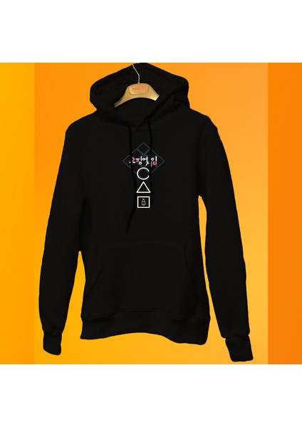 Squid Game Baskılı Siyah Unisex Kapüşonlu Sweatshirt