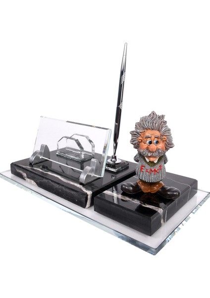 İsme Özel Kabartma Albert Einstein Biblolu Gümüş Mermer Masasütü İsimlik Siyah