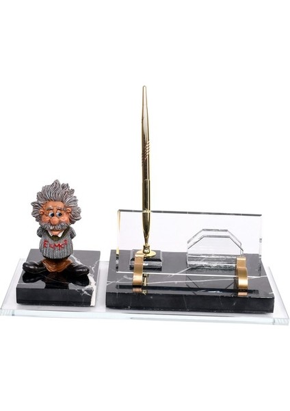 İsme Özel Kabartma Albert Einstein Biblolu Altın Mermer Masasütü İsimlik Siyah
