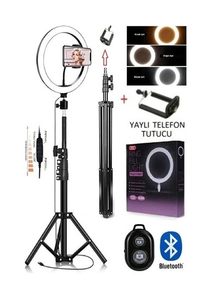 Bluetooth Kumandalı 10"inç LED Işıklı Halka + Yaylı Telefon Tutacağı 2.10 cm Tripod Siyah