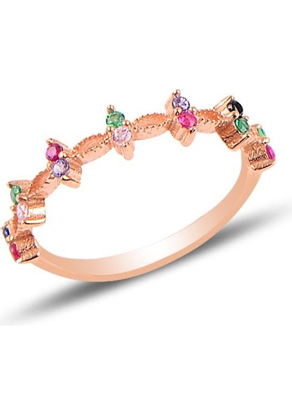 Gümüş Rose Mix Taşlı Crown Yüzük
