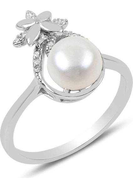 Gümüş Incili ve Zirkon Taşlı Damla Modeli Yüzük