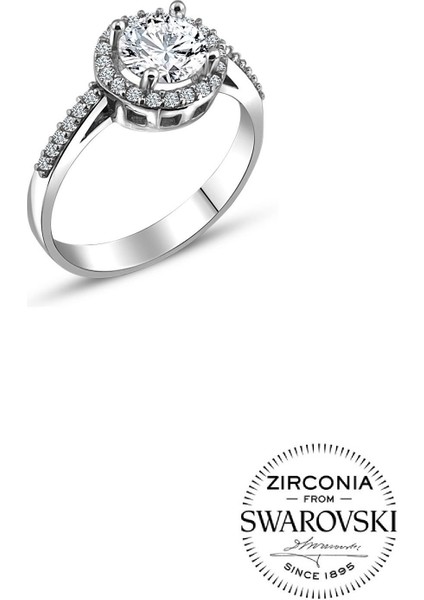 Gümüş Swarovski Taşlı Pırlanta Modeli Yuvarlak Yüzük