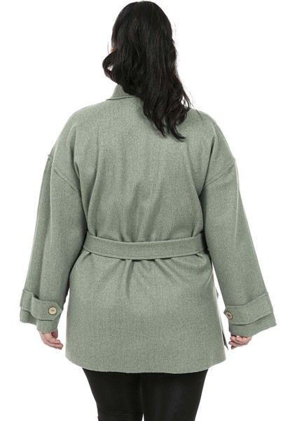 Büyük Beden Robalı Yanları Yırtmaçlı Fleto Cepli Kuşaklı Kaşe Yeşil Ceket modelleri