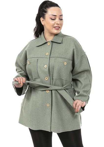 Büyük Beden Robalı Yanları Yırtmaçlı Fleto Cepli Kuşaklı Kaşe Yeşil Ceket fırsatları