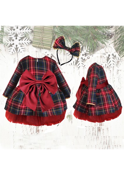 Kız Çocuk Noel Elbise Taç Takım Kırmız Fiyonk 1-8 Yaş