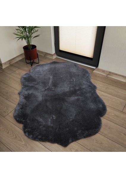 Antrasit Marjinal Peluş Halı Dekoratif Oda Halısı Kaymaz Taban Pofuduk