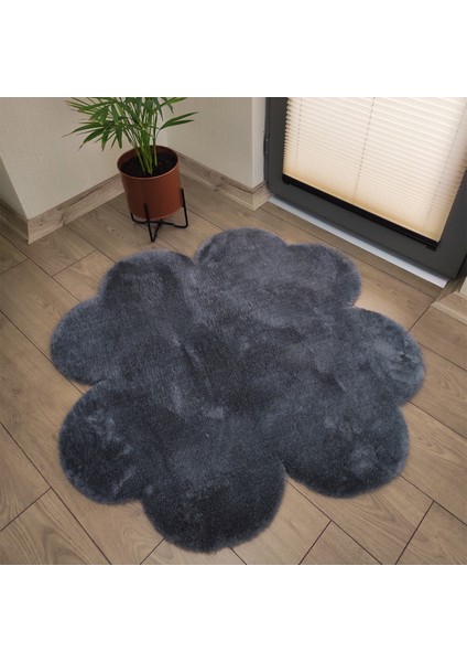 Antrasit Yonca Peluş Halı Dekoratif Oda Halısı Kaymaz Taban Pofuduk