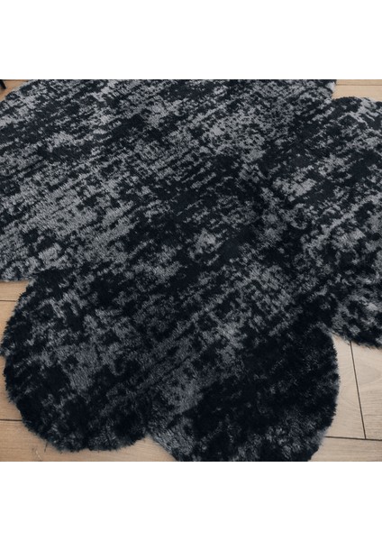 Desenli Siyah Yonca Peluş Halı Dekoratif Oda Halısı Kaymaz Taban Pofuduk