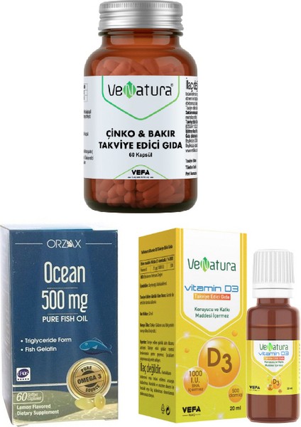 Çinko & Bakır 60 Kapsül + 500 Mg Omega 3 60 Kapsül + Vitamin D3 20 ml