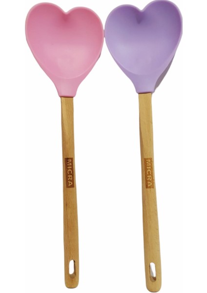Ahşap Saplı Yanmaz Yapışmaz Silikon Kaşık Spatula 2'li Set , 32 cm