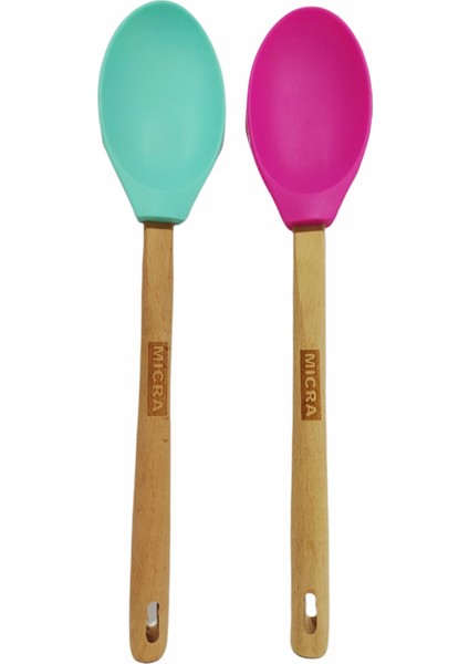 Ahşap Saplı Yanmaz Yapışmaz Silikon Kaşık Spatula 2'li Set , 32 cm