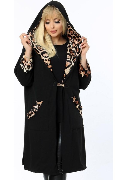 Leopar Desenli Kapüşonlu Devrik Yaka Cepli Uzun Hırka fiyatları