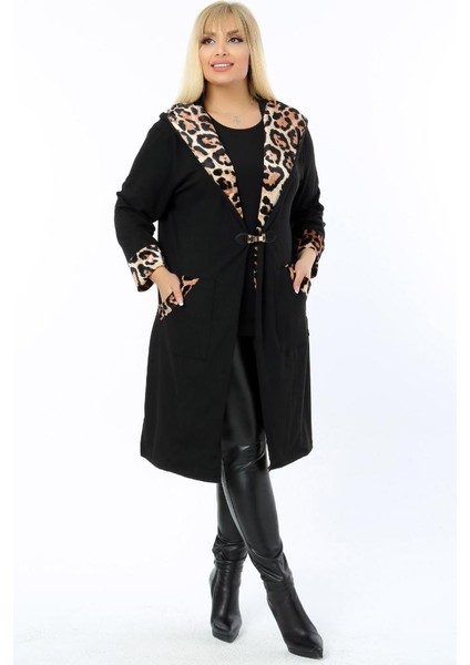 Leopar Desenli Kapüşonlu Devrik Yaka Cepli Uzun Hırka modelleri