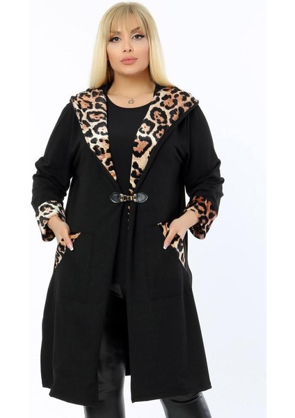 Leopar Desenli Kapüşonlu Devrik Yaka Cepli Uzun Hırka fırsatları