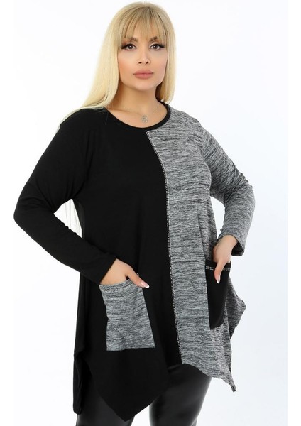 Yuvarlak Yaka Asimetrik Çift Renk Cepli Uzun Kol Tunik