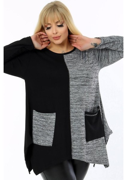 Yuvarlak Yaka Asimetrik Çift Renk Cepli Uzun Kol Tunik fiyatları