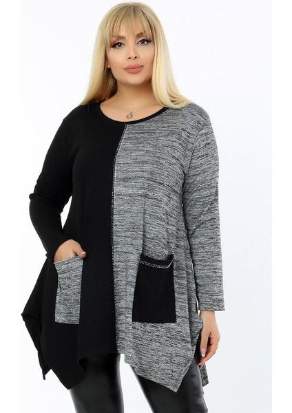 Yuvarlak Yaka Asimetrik Çift Renk Cepli Uzun Kol Tunik modelleri