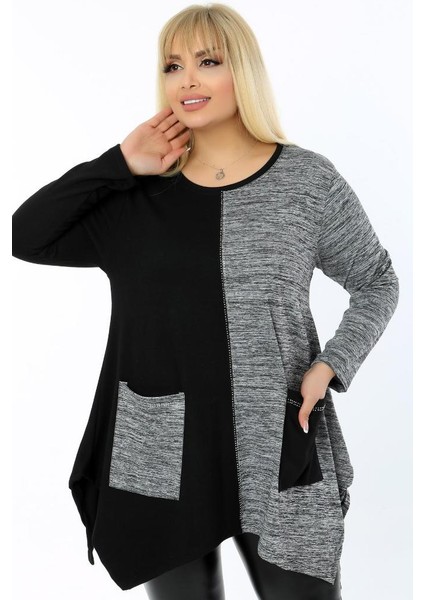 Yuvarlak Yaka Asimetrik Çift Renk Cepli Uzun Kol Tunik fırsatları