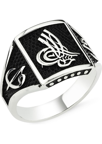 Gümüş Tuğralı Elif Motifli Vav Erkek Yüzük