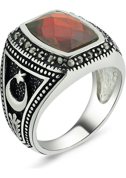 Ayyıldız Kırmızı Taşlı Gümüş Erkek Yüzük