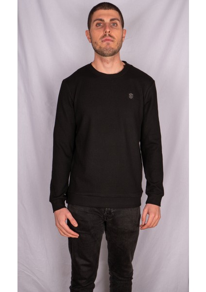 Siyah Renk Siyah Çizgi Detaylı Erkek Sweatshirt