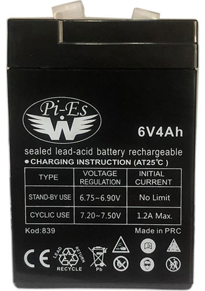 Hhm - Pi-Es 6V4AH/20HR Valve Regulated Rechargeable Battery 6 Volt 4 Amper Bakımsız Kuru Akü 6V 4AH Akü
