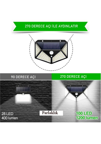 Hareket Sensörlü Solar Güneş Enerjili Bahçe Lambası Dış Mekan Aydınlatma Aplik Kamp 100 LED