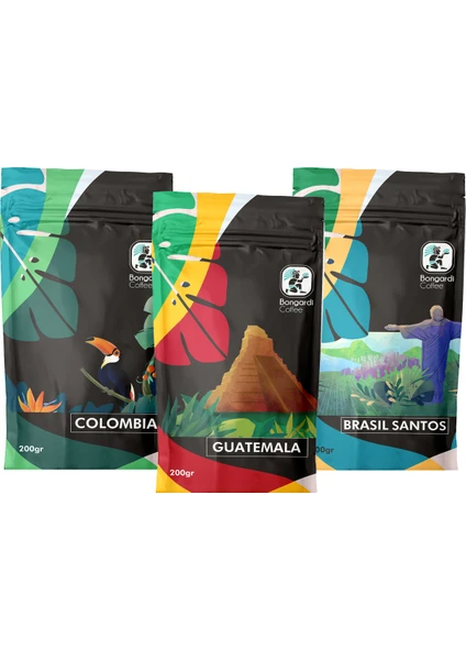 Bongardi Coffee 3 x 200 gr Colombia Guatemala Santos Filtre Kahve Makinesi Uyumlu Öğütülmüş Veya Çekirdek