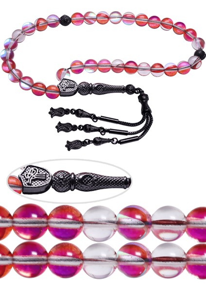 Siyah Nikel Püsküllü Kırmızı Doğal Termal Kuvars Tesbih