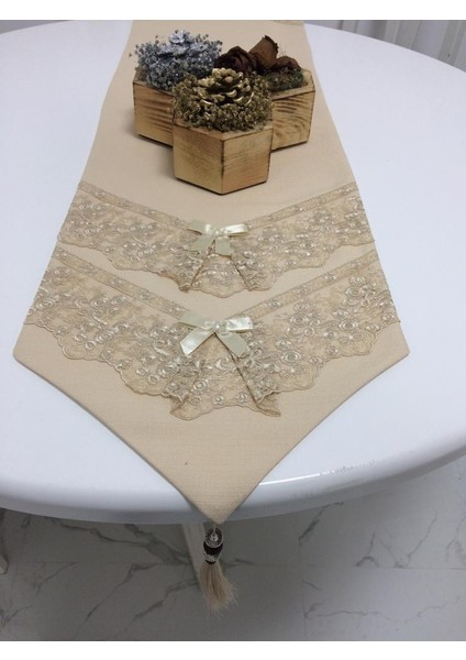 Runnerlinen Güpürlü Keten Kumaş Bej Runner 40*160 cm - 389